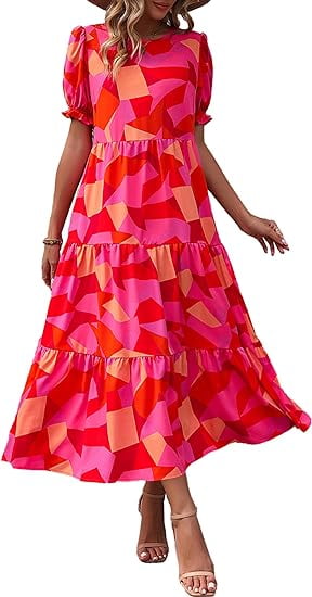 PRETTYGARDEN Women's Summer Casual Boho Dress Floral Print Ruffle Puff Short Sleeve Flowy Midi Beach Party Dresses