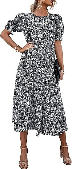 PRETTYGARDEN Women's Summer Casual Boho Dress Floral Print Ruffle Puff Short Sleeve Flowy Midi Beach Party Dresses