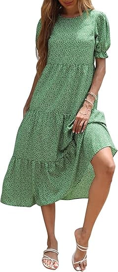 PRETTYGARDEN Women's Summer Casual Boho Dress Floral Print Ruffle Puff Short Sleeve Flowy Midi Beach Party Dresses