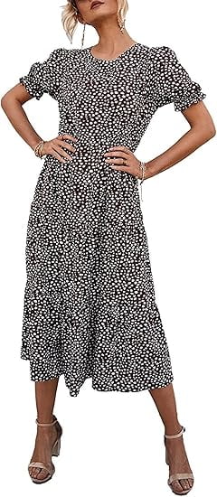 PRETTYGARDEN Women's Summer Casual Boho Dress Floral Print Ruffle Puff Short Sleeve Flowy Midi Beach Party Dresses
