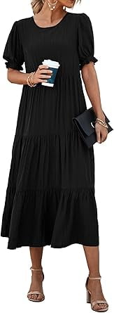 PRETTYGARDEN Women's Summer Casual Boho Dress Floral Print Ruffle Puff Short Sleeve Flowy Midi Beach Party Dresses
