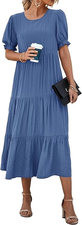 PRETTYGARDEN Women's Summer Casual Boho Dress Floral Print Ruffle Puff Short Sleeve Flowy Midi Beach Party Dresses