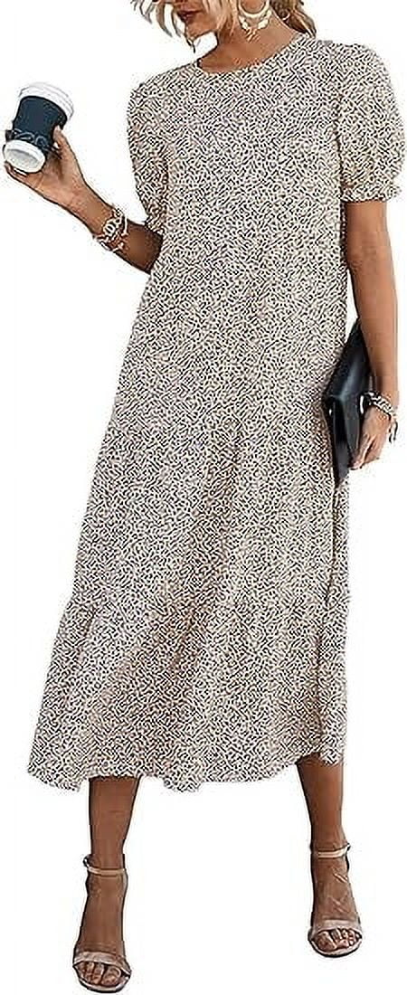 PRETTYGARDEN Women's Summer Casual Boho Dress Floral Print Ruffle Puff Short Sleeve Flowy Midi Beach Party Dresses