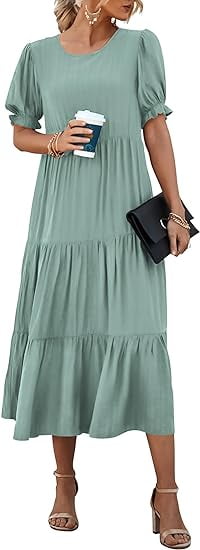 PRETTYGARDEN Women's Summer Casual Boho Dress Floral Print Ruffle Puff Short Sleeve Flowy Midi Beach Party Dresses