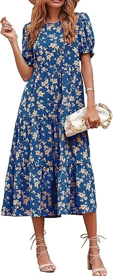 PRETTYGARDEN Women's Summer Casual Boho Dress Floral Print Ruffle Puff Short Sleeve Flowy Midi Beach Party Dresses