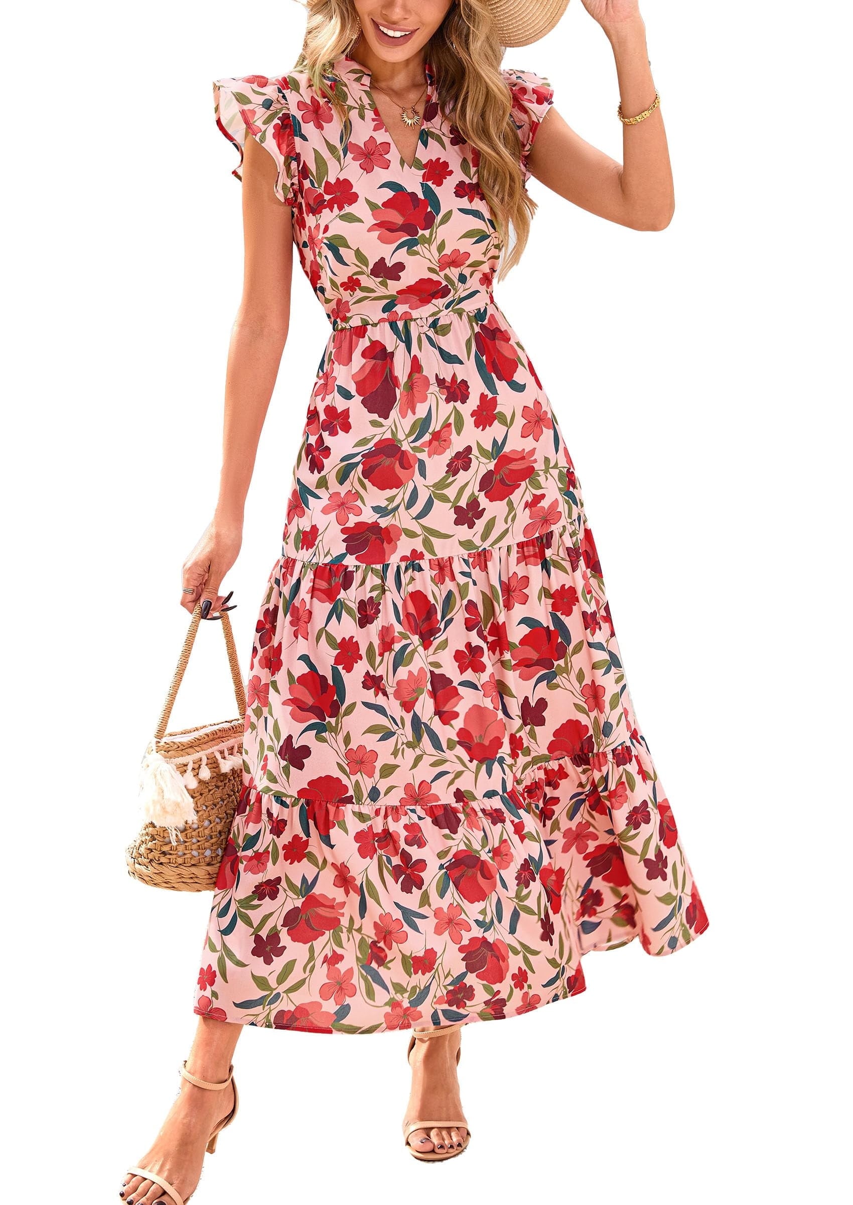 PRETTYGARDEN Women's Summer Floral Midi Dress Cap Sleeve V Neck Ruffle Long Flowy Boho Casual Beach Vacation Dresses