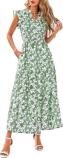PRETTYGARDEN Women's Summer Floral Midi Dress Cap Sleeve V Neck Ruffle Long Flowy Boho Casual Beach Vacation Dresses