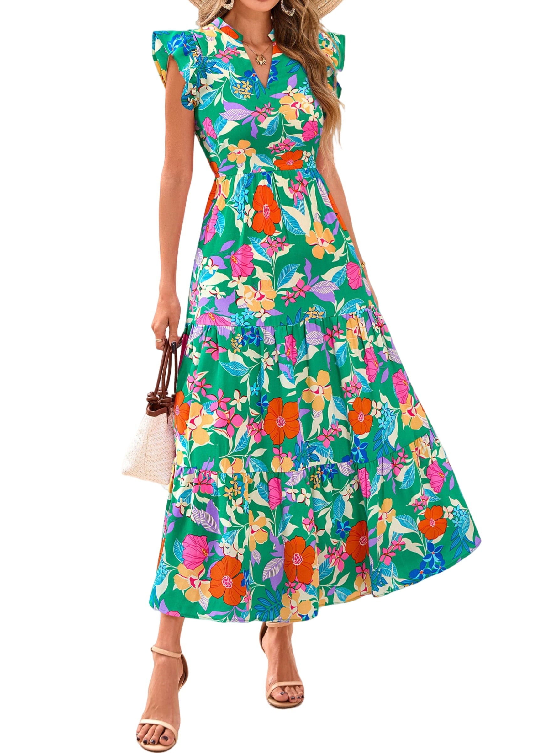 PRETTYGARDEN Women's Summer Floral Midi Dress Cap Sleeve V Neck Ruffle Long Flowy Boho Casual Beach Vacation Dresses