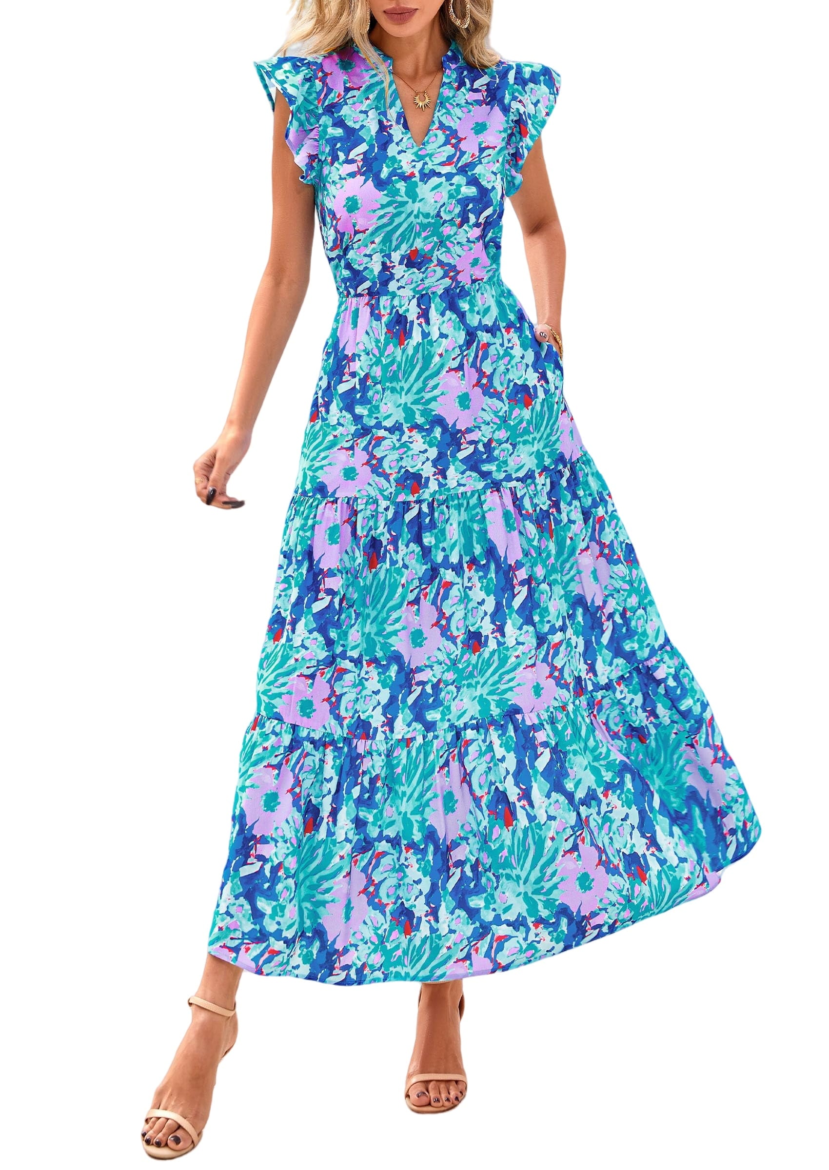 PRETTYGARDEN Women's Summer Floral Midi Dress Cap Sleeve V Neck Ruffle Long Flowy Boho Casual Beach Vacation Dresses