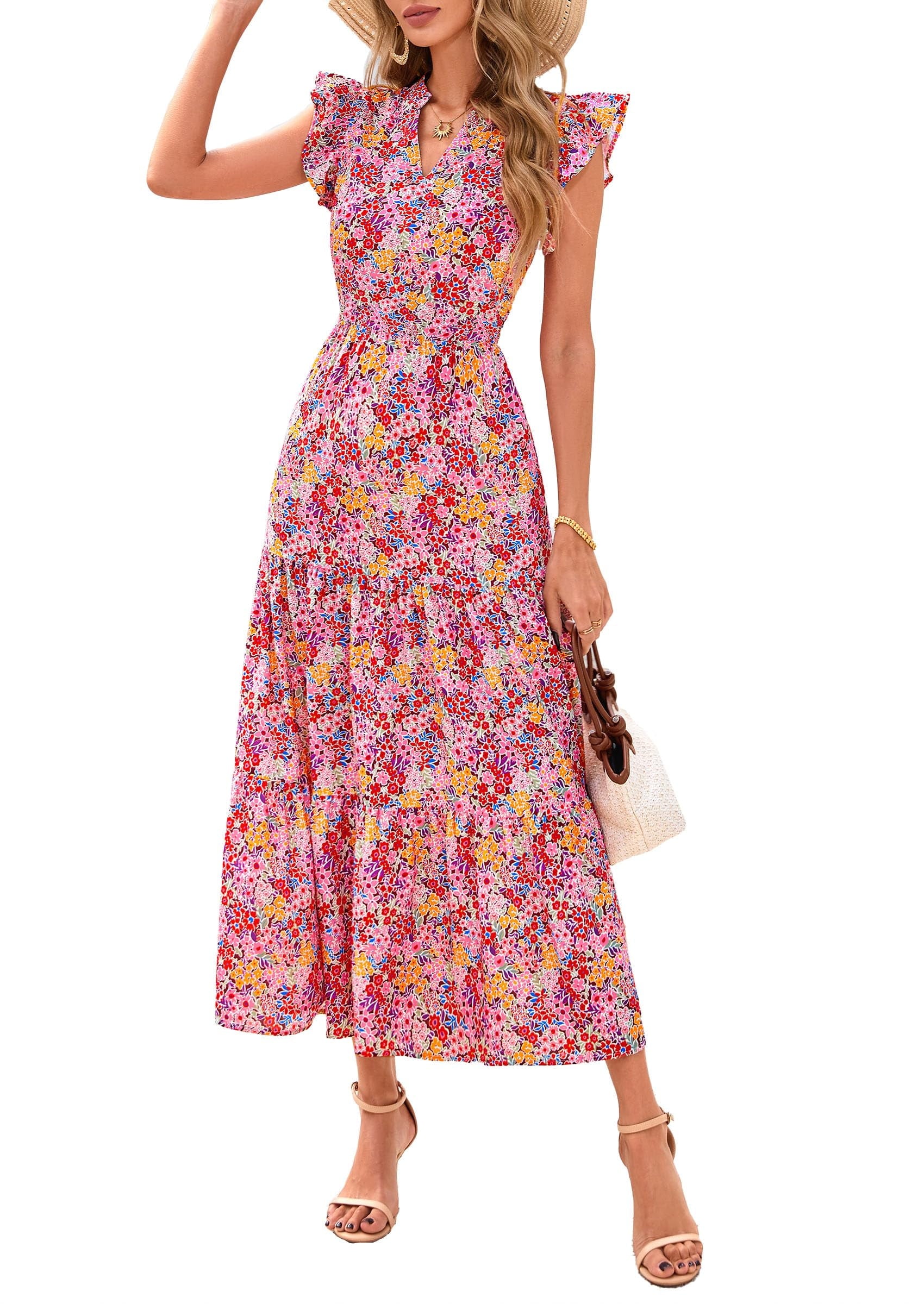 PRETTYGARDEN Women's Summer Floral Midi Dress Cap Sleeve V Neck Ruffle Long Flowy Boho Casual Beach Vacation Dresses