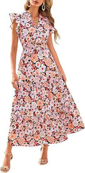 PRETTYGARDEN Women's Summer Floral Midi Dress Cap Sleeve V Neck Ruffle Long Flowy Boho Casual Beach Vacation Dresses