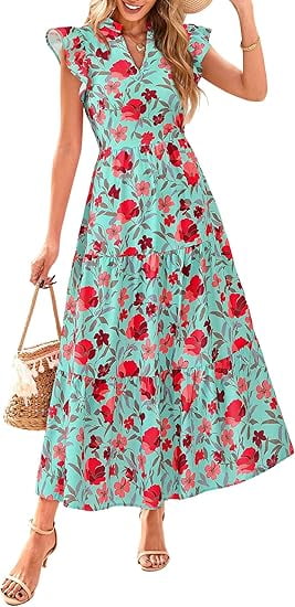 PRETTYGARDEN Women's Summer Floral Midi Dress Cap Sleeve V Neck Ruffle Long Flowy Boho Casual Beach Vacation Dresses