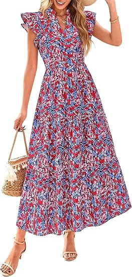 PRETTYGARDEN Women's Summer Floral Midi Dress Cap Sleeve V Neck Ruffle Long Flowy Boho Casual Beach Vacation Dresses