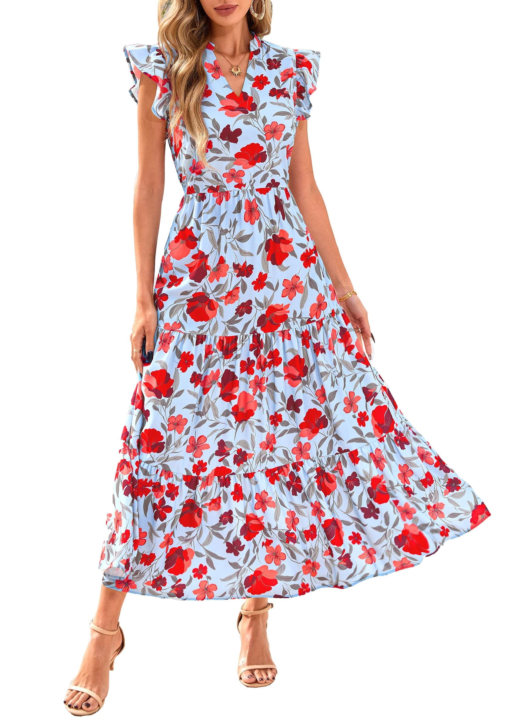 PRETTYGARDEN Women's Summer Floral Midi Dress Cap Sleeve V Neck Ruffle Long Flowy Boho Casual Beach Vacation Dresses