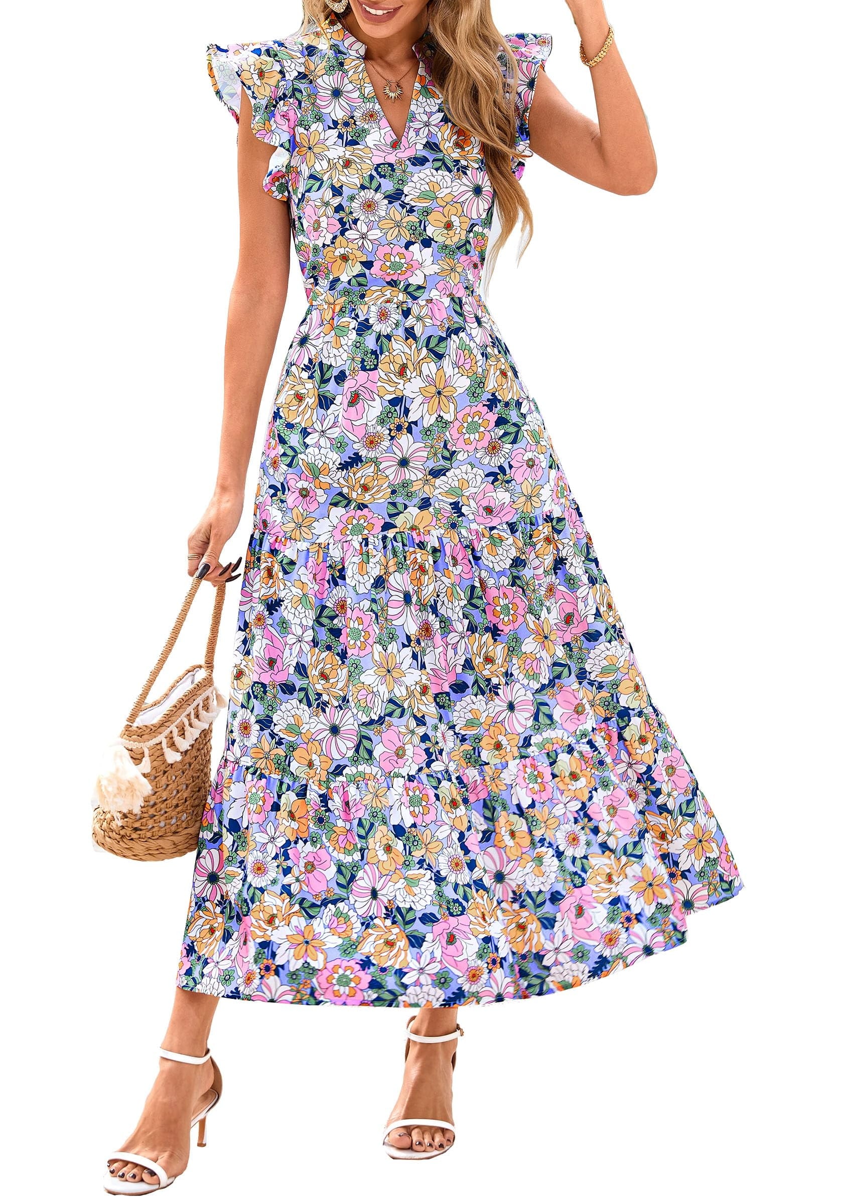PRETTYGARDEN Women's Summer Floral Midi Dress Cap Sleeve V Neck Ruffle Long Flowy Boho Casual Beach Vacation Dresses