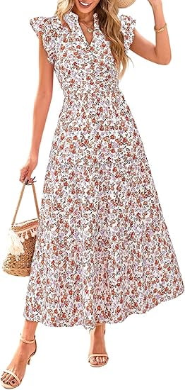 PRETTYGARDEN Women's Summer Floral Midi Dress Cap Sleeve V Neck Ruffle Long Flowy Boho Casual Beach Vacation Dresses