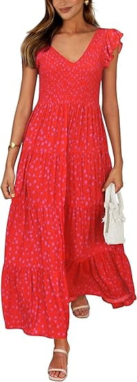 PRETTYGARDEN Women's Summer Floral Midi Dress Cap Sleeve V Neck Ruffle Long Flowy Boho Casual Beach Vacation Dresses