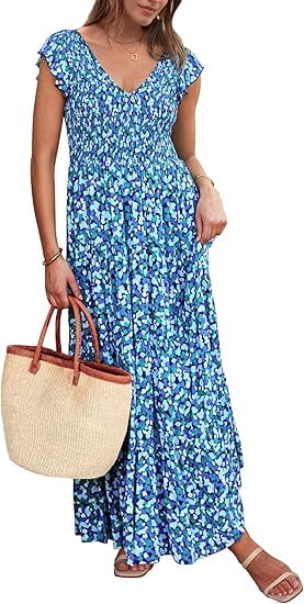 PRETTYGARDEN Women's Summer Floral Midi Dress Cap Sleeve V Neck Ruffle Long Flowy Boho Casual Beach Vacation Dresses