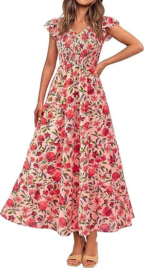 PRETTYGARDEN Women's Summer Floral Midi Dress Cap Sleeve V Neck Ruffle Long Flowy Boho Casual Beach Vacation Dresses