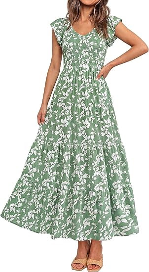PRETTYGARDEN Women's Summer Floral Midi Dress Cap Sleeve V Neck Ruffle Long Flowy Boho Casual Beach Vacation Dresses