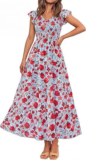 PRETTYGARDEN Women's Summer Floral Midi Dress Cap Sleeve V Neck Ruffle Long Flowy Boho Casual Beach Vacation Dresses
