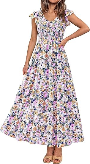 PRETTYGARDEN Women's Summer Floral Midi Dress Cap Sleeve V Neck Ruffle Long Flowy Boho Casual Beach Vacation Dresses
