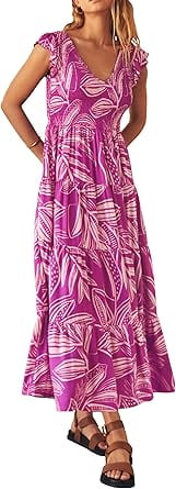 PRETTYGARDEN Women's Summer Floral Midi Dress Cap Sleeve V Neck Ruffle Long Flowy Boho Casual Beach Vacation Dresses