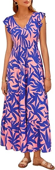 PRETTYGARDEN Women's Summer Floral Midi Dress Cap Sleeve V Neck Ruffle Long Flowy Boho Casual Beach Vacation Dresses