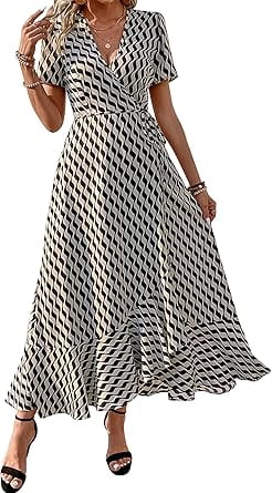 PRETTYGARDEN Women's Summer Wrap Maxi Dress Casual Boho Floral V Neck Short Sleeve Ruffle Hem Split Beach Long Dresses