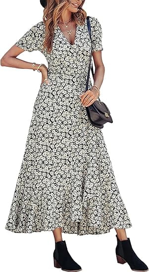 PRETTYGARDEN Women's Summer Wrap Maxi Dress Casual Boho Floral V Neck Short Sleeve Ruffle Hem Split Beach Long Dresses