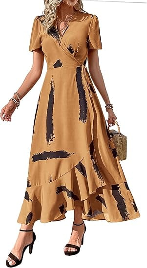 PRETTYGARDEN Women's Summer Wrap Maxi Dress Casual Boho Floral V Neck Short Sleeve Ruffle Hem Split Beach Long Dresses