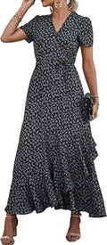 PRETTYGARDEN Women's Summer Wrap Maxi Dress Casual Boho Floral V Neck Short Sleeve Ruffle Hem Split Beach Long Dresses