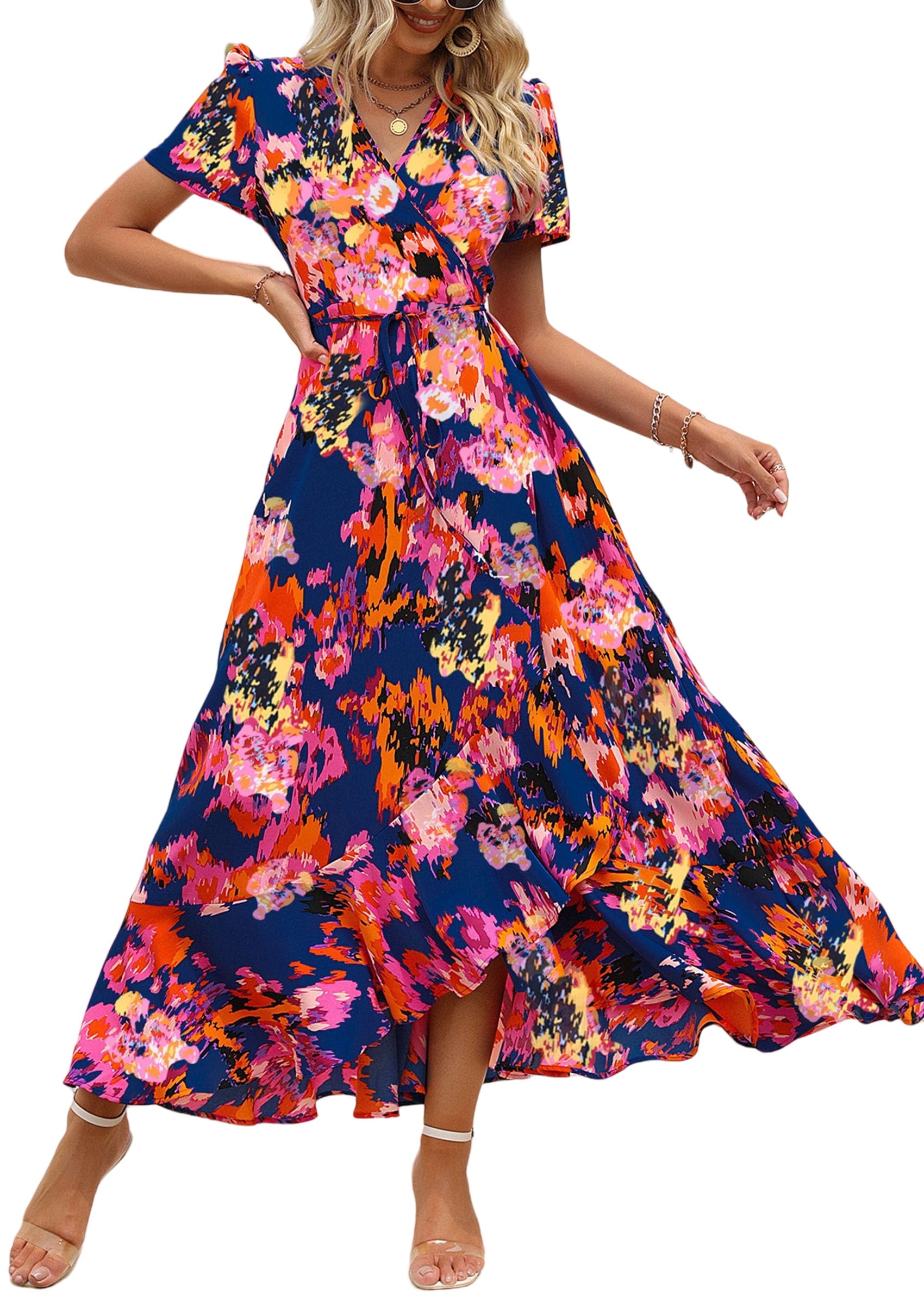 PRETTYGARDEN Women's Summer Wrap Maxi Dress Casual Boho Floral V Neck Short Sleeve Ruffle Hem Split Beach Long Dresses