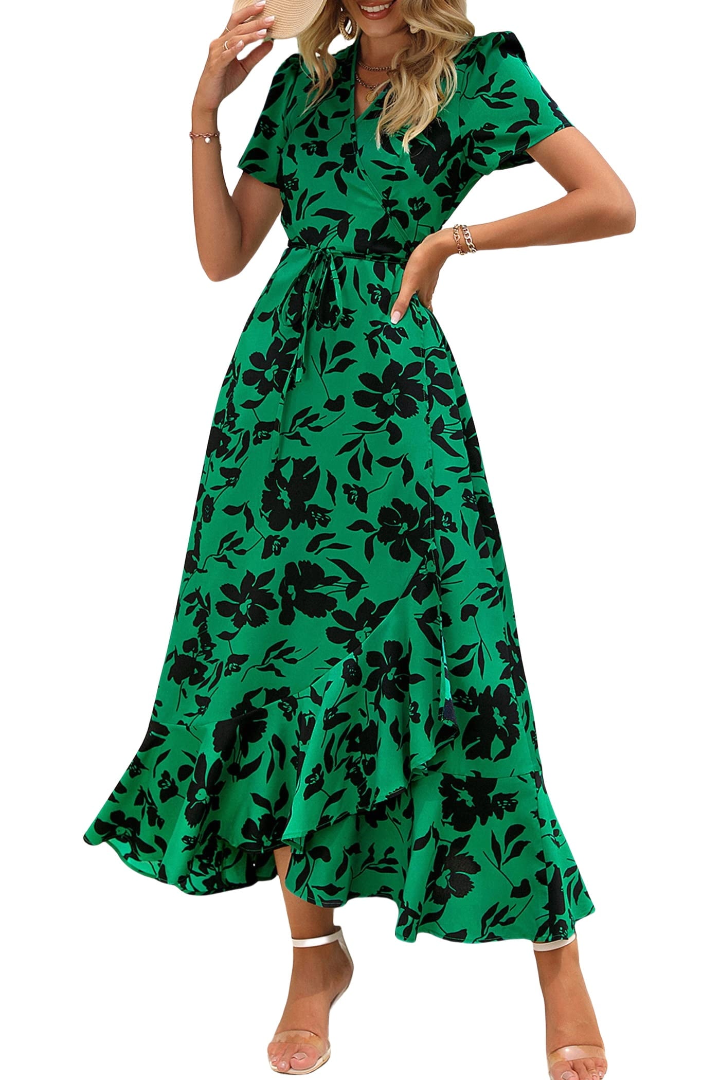 PRETTYGARDEN Women's Summer Wrap Maxi Dress Casual Boho Floral V Neck Short Sleeve Ruffle Hem Split Beach Long Dresses
