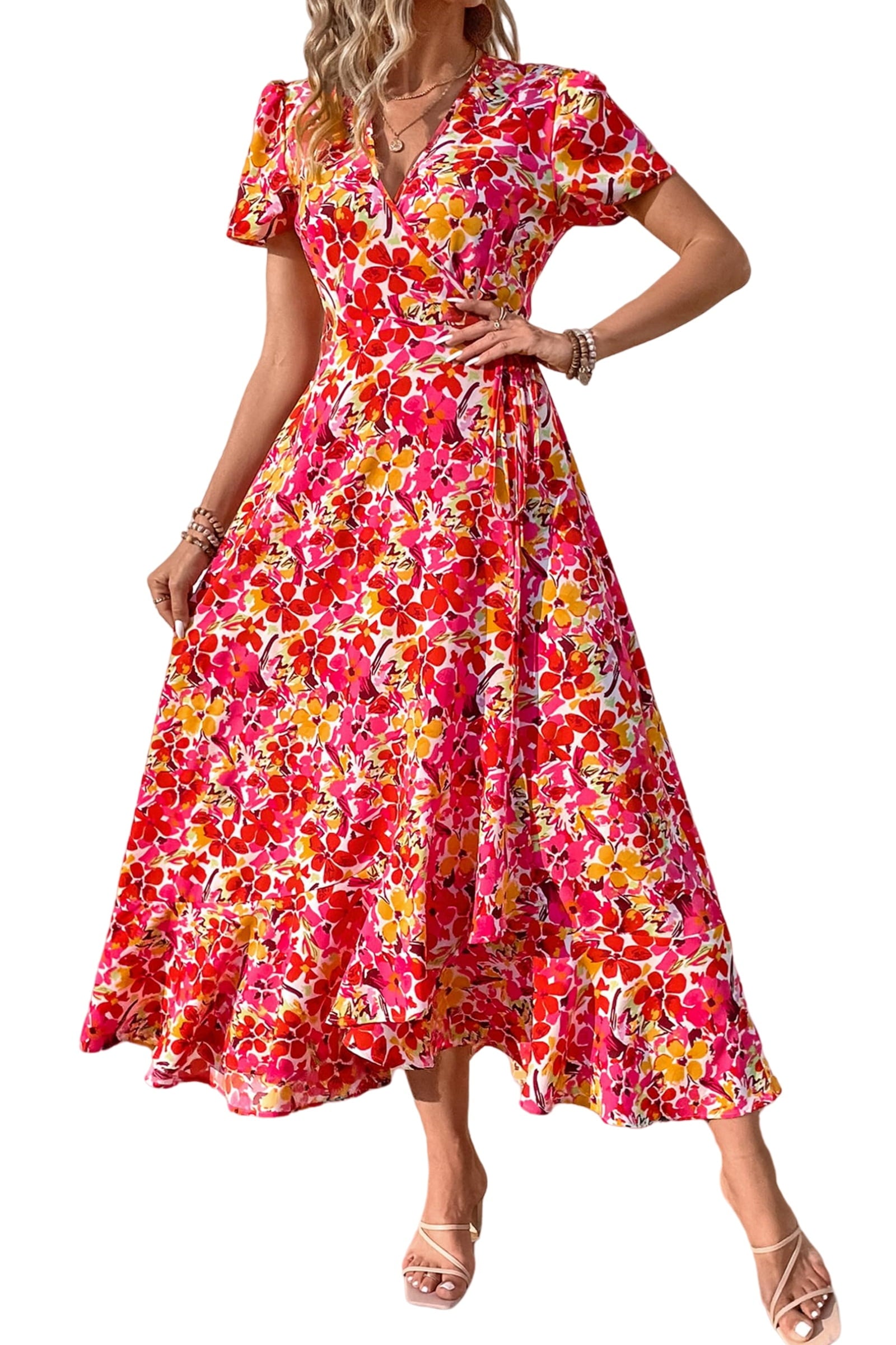 PRETTYGARDEN Women's Summer Wrap Maxi Dress Casual Boho Floral V Neck Short Sleeve Ruffle Hem Split Beach Long Dresses