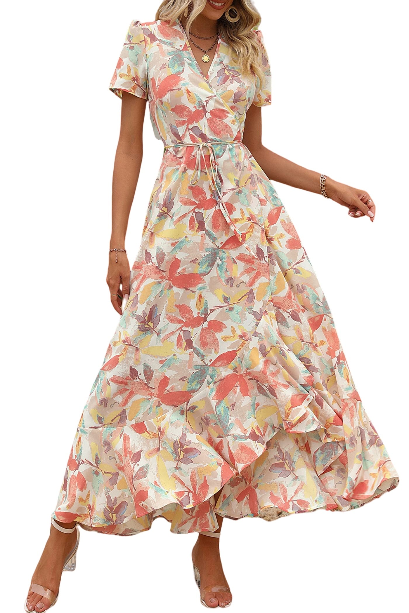 PRETTYGARDEN Women's Summer Wrap Maxi Dress Casual Boho Floral V Neck Short Sleeve Ruffle Hem Split Beach Long Dresses