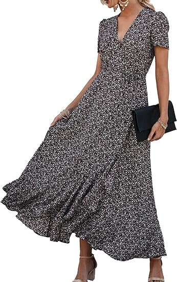 PRETTYGARDEN Women's Summer Wrap Maxi Dress Casual Boho Floral V Neck Short Sleeve Ruffle Hem Split Beach Long Dresses