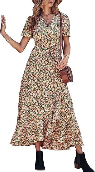 PRETTYGARDEN Women's Summer Wrap Maxi Dress Casual Boho Floral V Neck Short Sleeve Ruffle Hem Split Beach Long Dresses