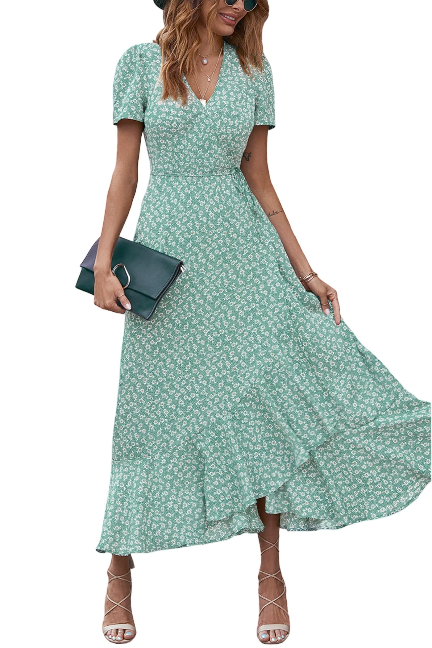 PRETTYGARDEN Women's Summer Wrap Maxi Dress Casual Boho Floral V Neck Short Sleeve Ruffle Hem Split Beach Long Dresses