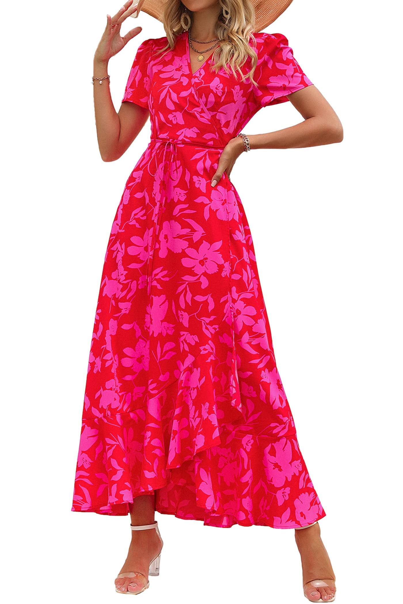 PRETTYGARDEN Women's Summer Wrap Maxi Dress Casual Boho Floral V Neck Short Sleeve Ruffle Hem Split Beach Long Dresses