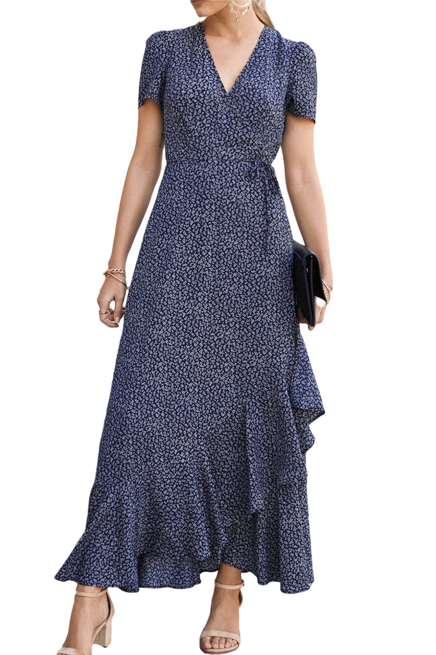 PRETTYGARDEN Women's Summer Wrap Maxi Dress Casual Boho Floral V Neck Short Sleeve Ruffle Hem Split Beach Long Dresses