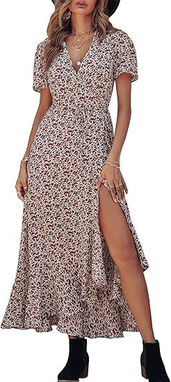 PRETTYGARDEN Women's Summer Wrap Maxi Dress Casual Boho Floral V Neck Short Sleeve Ruffle Hem Split Beach Long Dresses