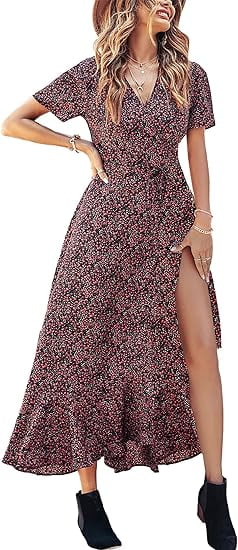 PRETTYGARDEN Women's Summer Wrap Maxi Dress Casual Boho Floral V Neck Short Sleeve Ruffle Hem Split Beach Long Dresses