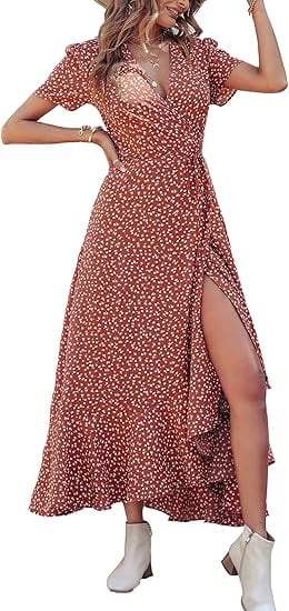 PRETTYGARDEN Women's Summer Wrap Maxi Dress Casual Boho Floral V Neck Short Sleeve Ruffle Hem Split Beach Long Dresses