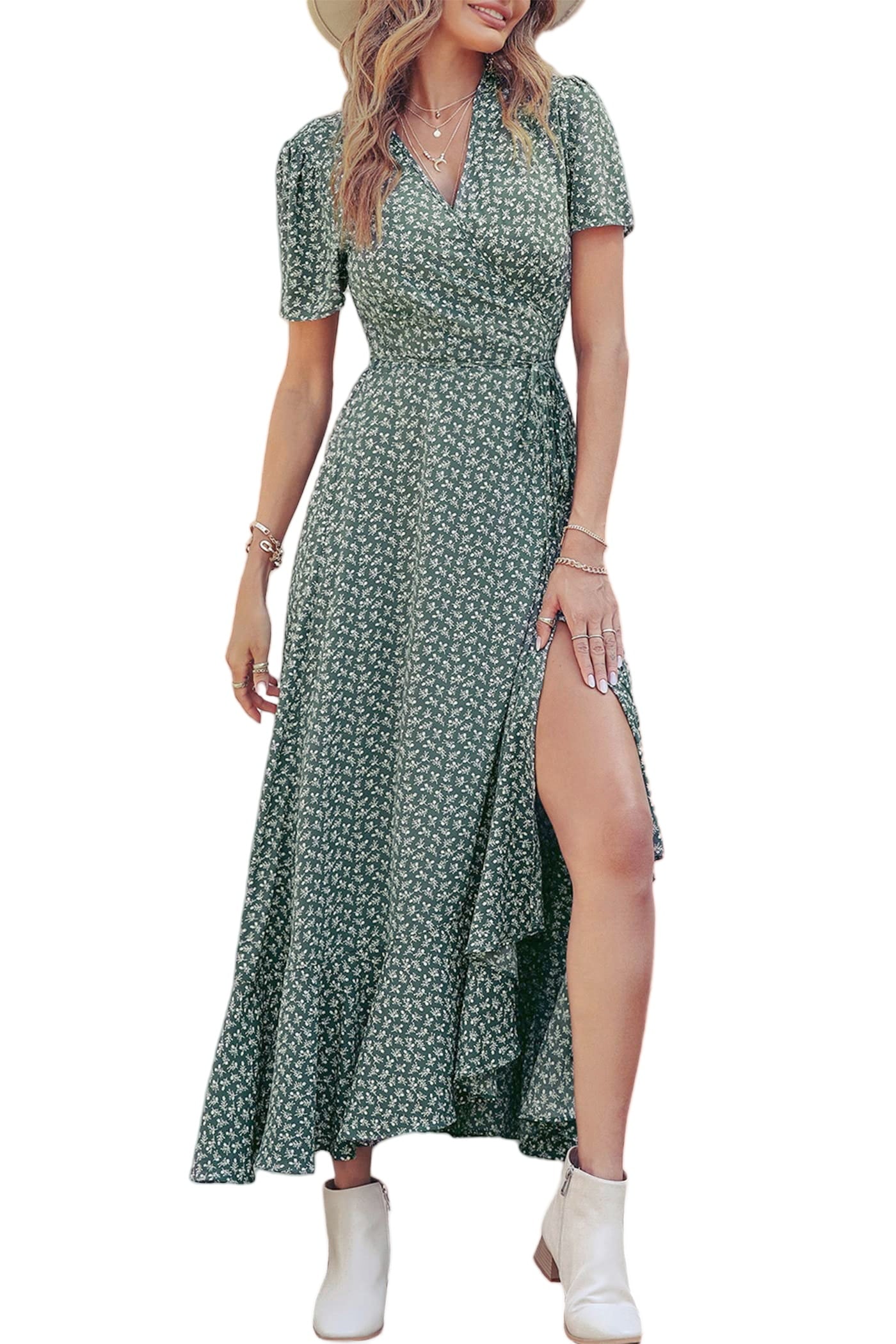 PRETTYGARDEN Women's Summer Wrap Maxi Dress Casual Boho Floral V Neck Short Sleeve Ruffle Hem Split Beach Long Dresses