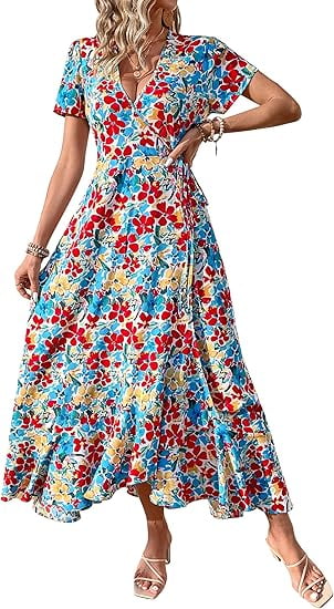 PRETTYGARDEN Women's Summer Wrap Maxi Dress Casual Boho Floral V Neck Short Sleeve Ruffle Hem Split Beach Long Dresses