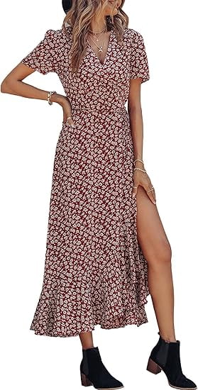PRETTYGARDEN Women's Summer Wrap Maxi Dress Casual Boho Floral V Neck Short Sleeve Ruffle Hem Split Beach Long Dresses