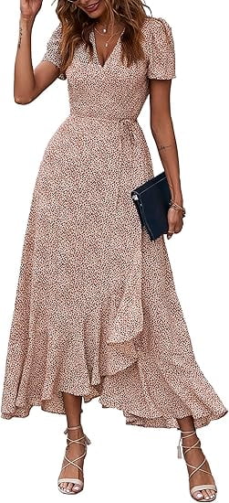 PRETTYGARDEN Women's Summer Wrap Maxi Dress Casual Boho Floral V Neck Short Sleeve Ruffle Hem Split Beach Long Dresses