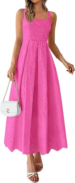 PRETTYGARDEN Womens Sleeveless Maxi Summer Dresses Hollow Out Eyelet Square Neck Ruffle Flowy Beach Vacation Sundress