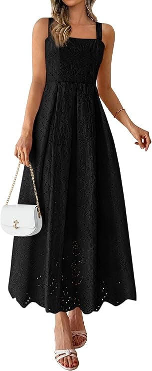 PRETTYGARDEN Womens Sleeveless Maxi Summer Dresses Hollow Out Eyelet Square Neck Ruffle Flowy Beach Vacation Sundress